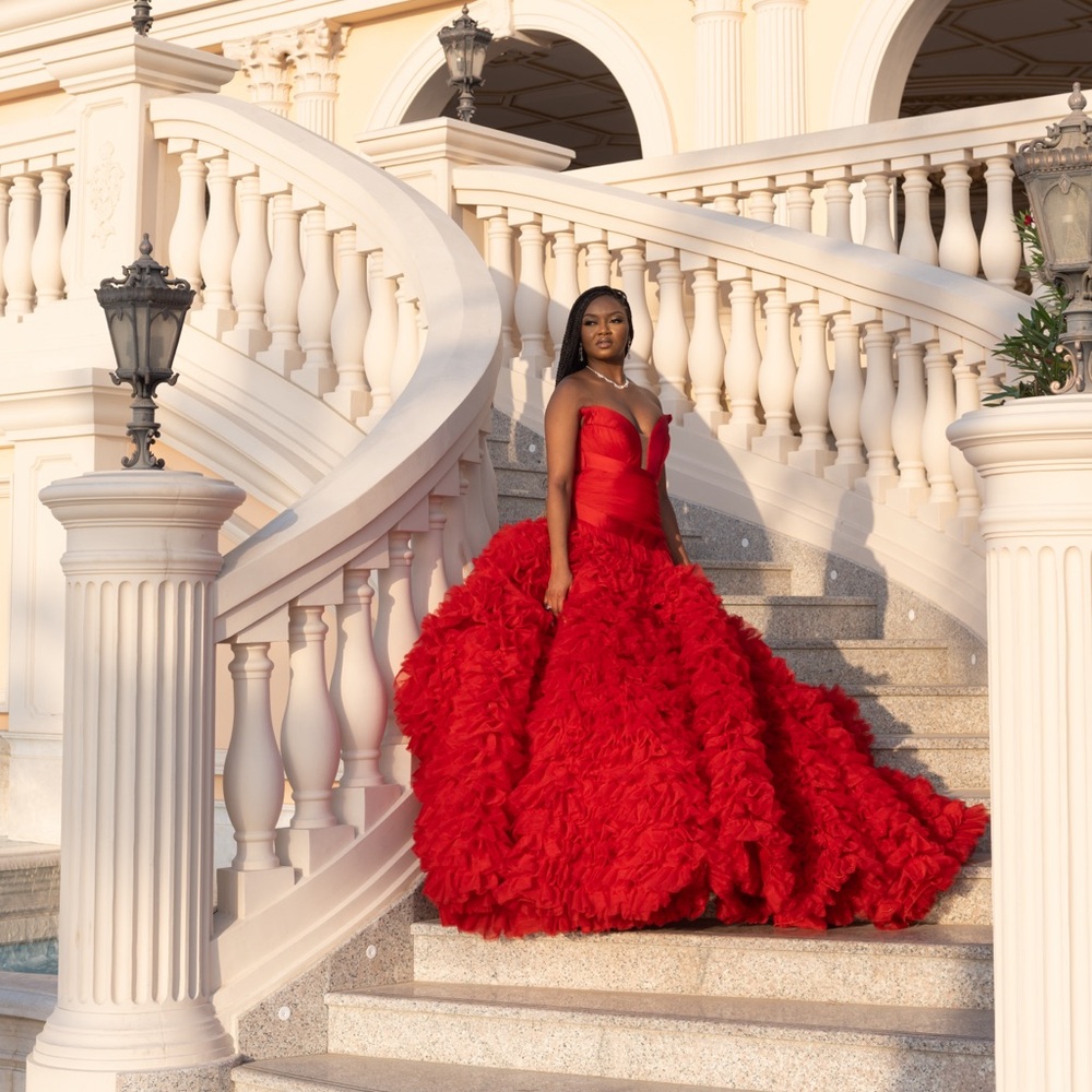Valdrin Sahiti custom red satin and tulle dress.